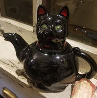 1950's Fat Black Cat Redware Ceramic Teapot 